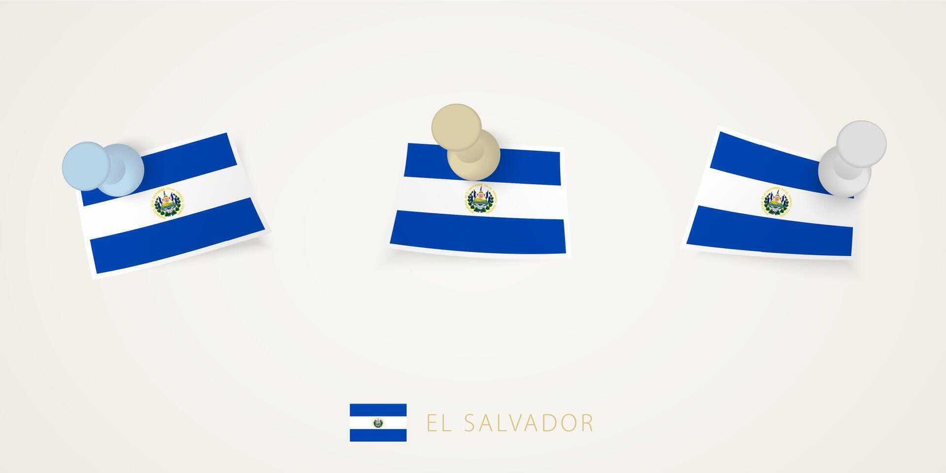 Pinned flag of El Salvador in different shapes with twisted corners. pushpins top view. vector