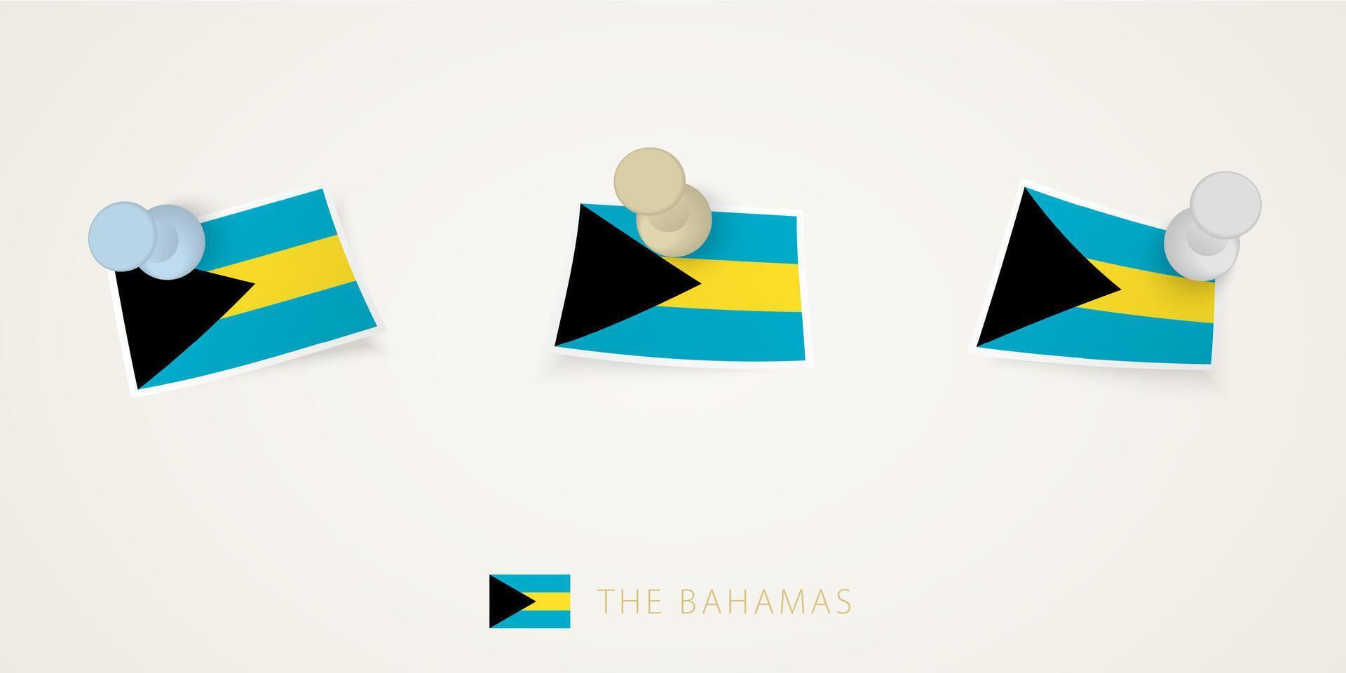 Pinned flag of The Bahamas in different shapes with twisted corners. pushpins top view. vector