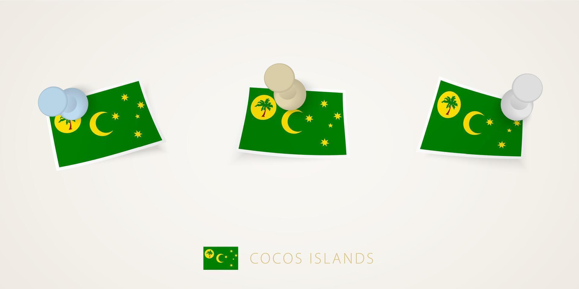 Pinned flag of Cocos Islands in different shapes with twisted corners. pushpins top view. vector
