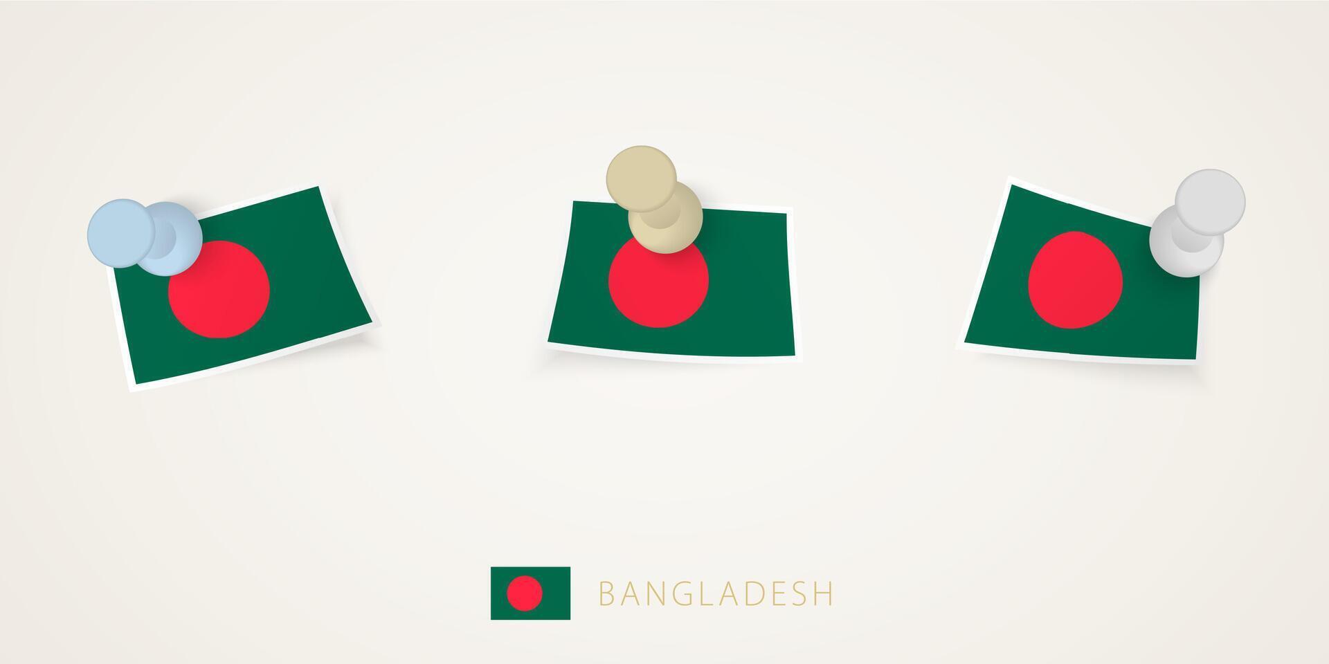 Pinned flag of Bangladesh in different shapes with twisted corners. pushpins top view. vector