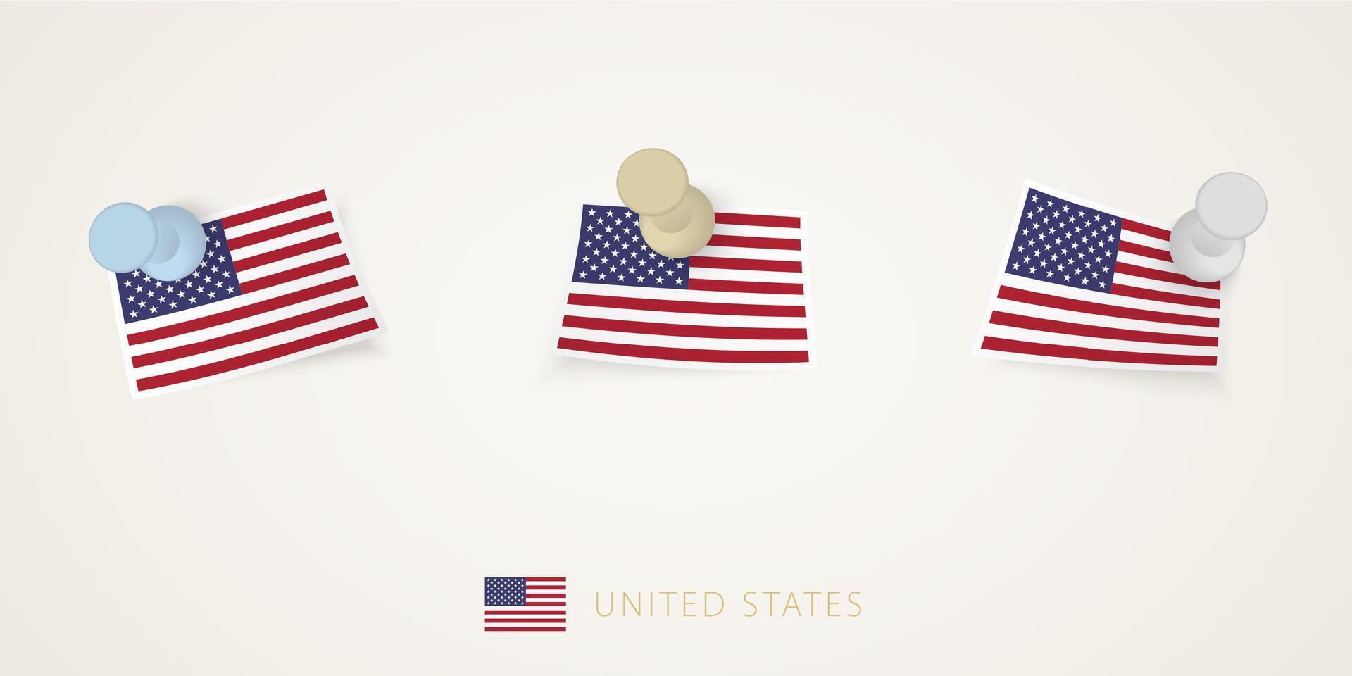 Pinned flag of USA in different shapes with twisted corners. pushpins top view. vector