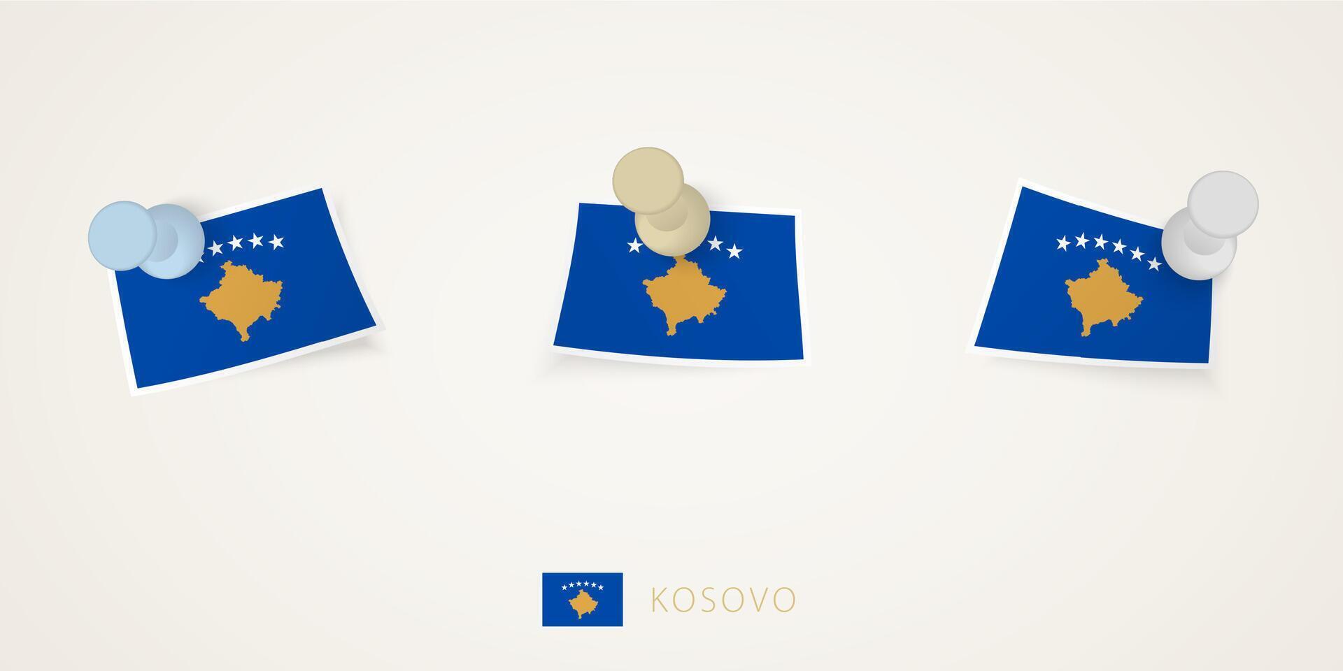 Pinned flag of Kosovo in different shapes with twisted corners. pushpins top view. vector