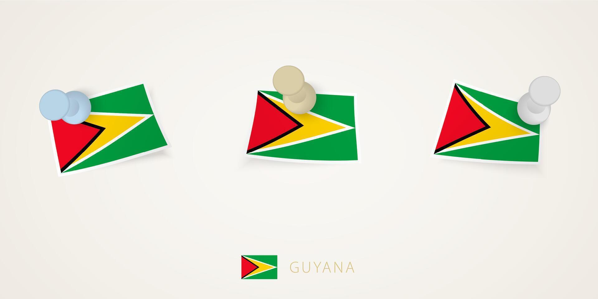 Pinned flag of Guyana in different shapes with twisted corners. pushpins top view. vector