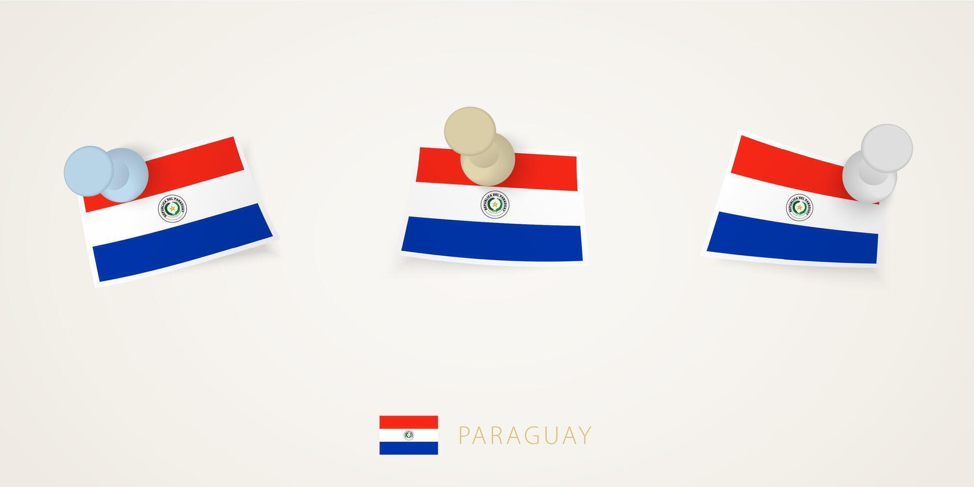Pinned flag of Paraguay in different shapes with twisted corners. pushpins top view. vector