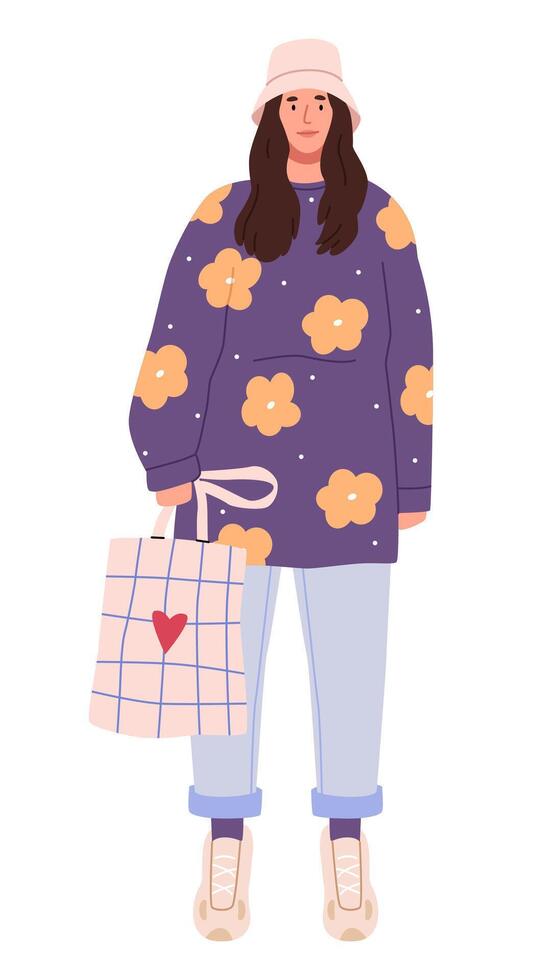 A fashionable girl in panama with a checkered shopping bag.Modern casual, hipster clothes vector