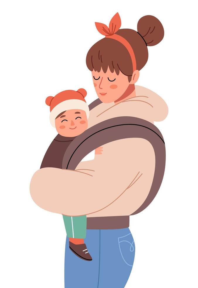 A young mother carries her baby in a sling.Newborn Baby child in Sling feeling love and protection from his mother. Family, lifestyle concept. Happy Mother's Day. vector