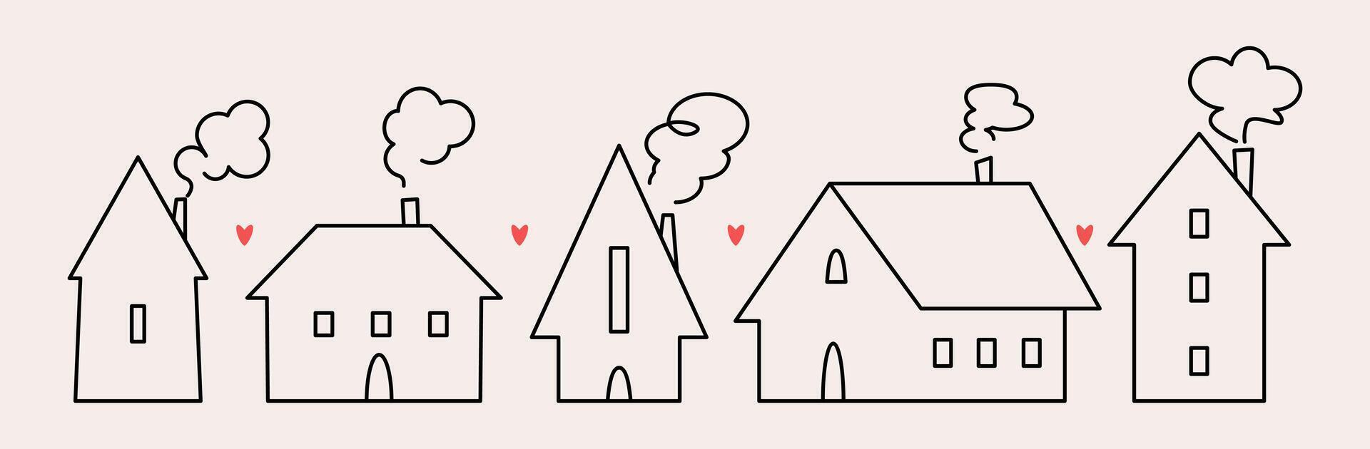 A set of cute and cozy houses in a linear modern minimalist Scandinavian style. Love in family symbol. vector
