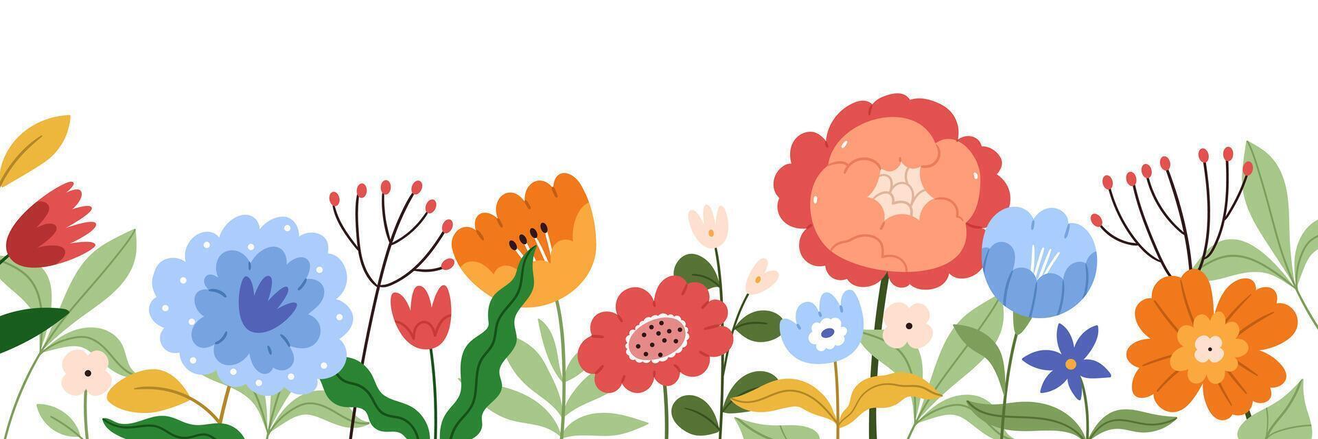 Horizontal Banner with various wildflowers. Set of flowers on a white background.Long seamless bottom banner with various wild flowers and greenery. vector