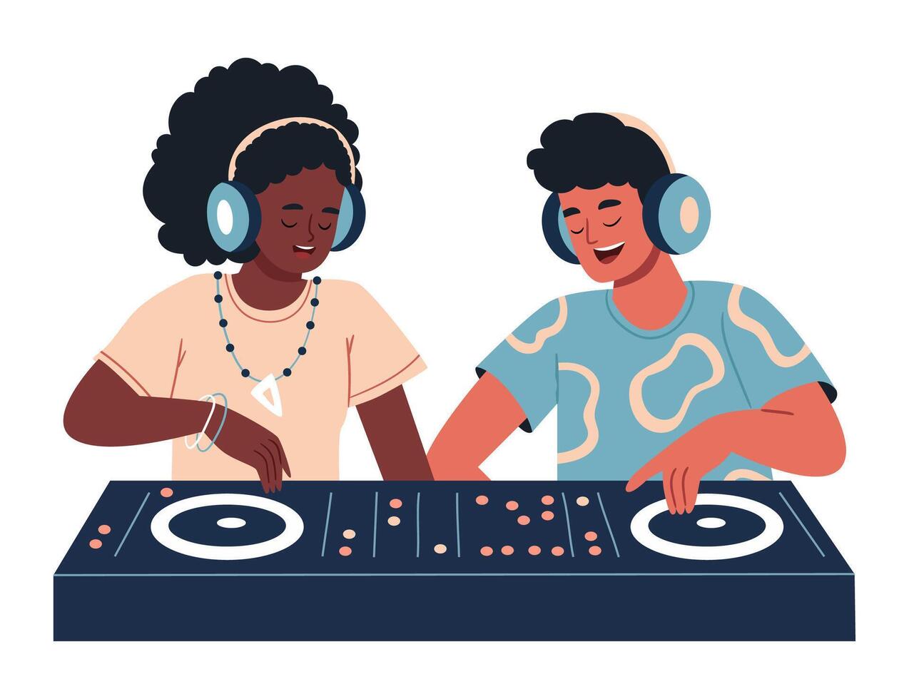 A couple of cheerful DJs. A girl and a guy are spinning a record. vector