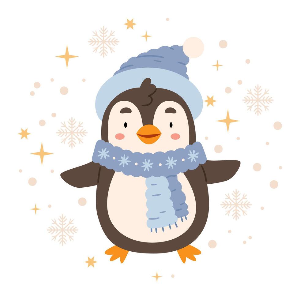 A cute penguin in the Scandinavian style in winter clothes in the middle of snowflakes and stars. Illustration for a card, print or poster vector
