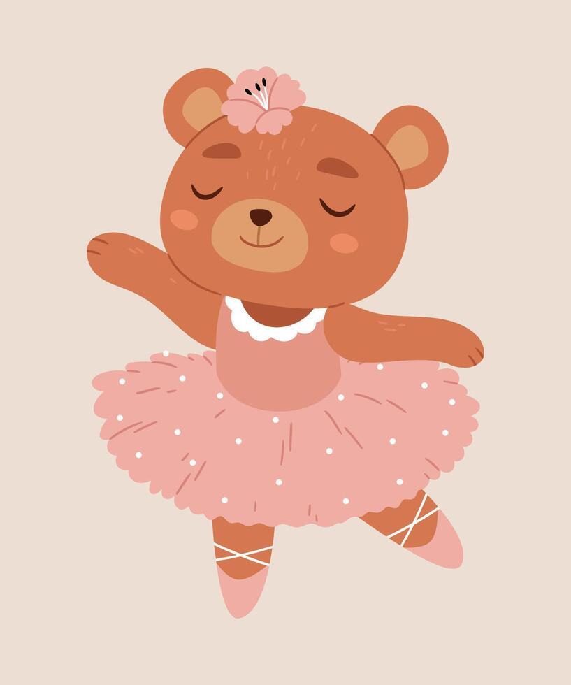 Cute bear ballerina in a pink dress dancing. Scandinavian illustration for card print or poster. vector