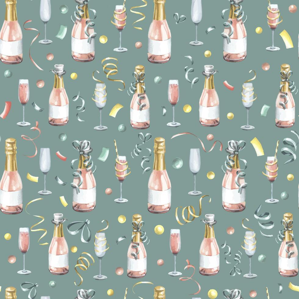 Bottles and glasses with pink champagne, with festive ribbons. Watercolor illustration. Seamless pattern on a turquoise background from a large set of HAPPY BIRTHDAY. For congratulations and gifts. vector