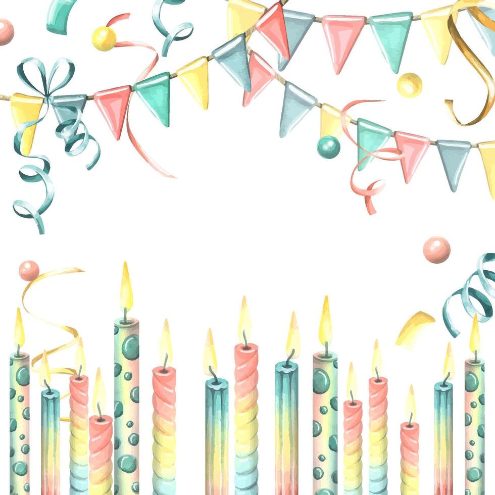 Festive candles, garlands with flags, confetti and ribbons. Watercolor illustration. A template from the HAPPY BIRTHDAY collection. For the design, decoration of cards, posters, postcards, greetings. vector