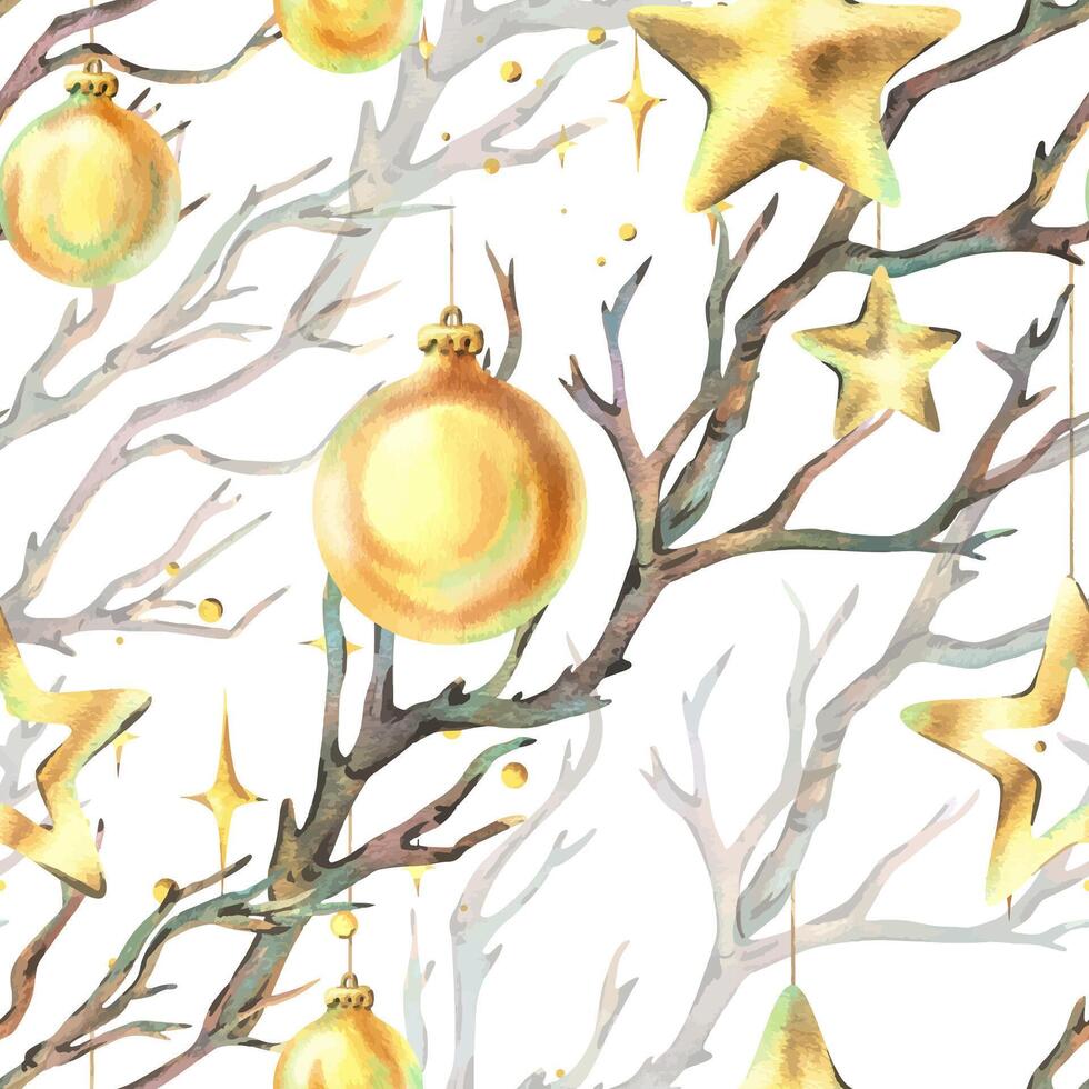 New Year decorations golden balls and stars hanging on dry tree branches with sparkling stars. Christmas, New Year, winter watercolor hand drawn illustration. Seamless pattern on a white background vector