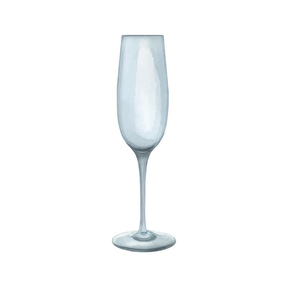 Empty elongated, elegant champagne glass. Watercolor illustration, hand drawn. Isolated object on a white background. vector