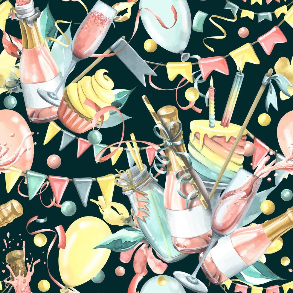 Bright, cheerful, festive, seamless pattern with champagne, cake, gifts, balloons and confetti, flags. Watercolor illustration from the HAPPY BIRTHDAY collection. On a white background. vector