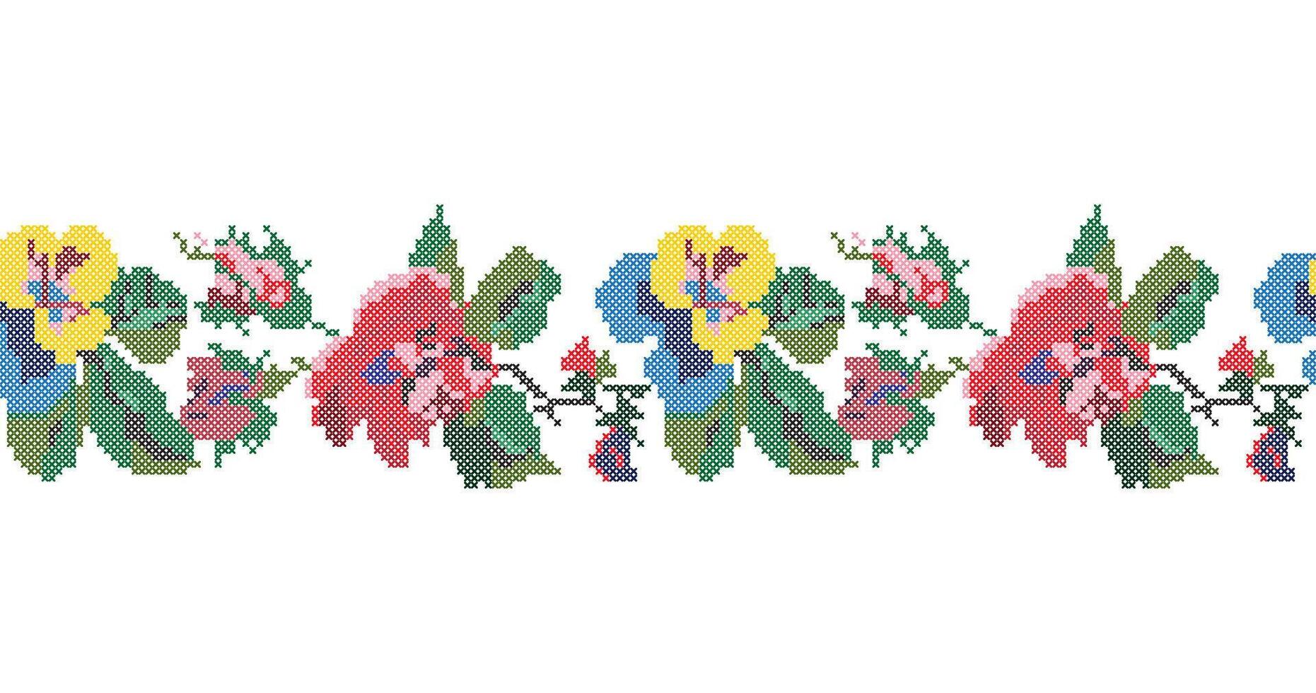 Cross Stitch Flowers Seamless Pattern vector