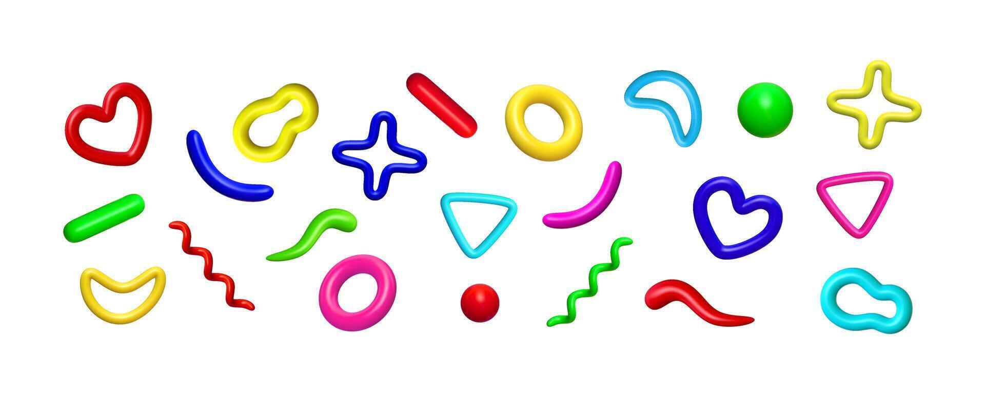 3d abstract plastic doodles set. Colorful hand drawn geometric shapes realistic 3d isolated collection. vector