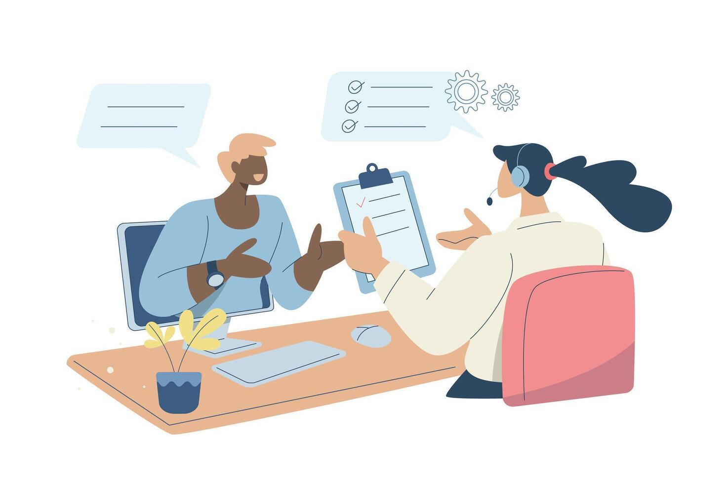 Female staff provide advice or suggestions to customers online, Call center staff, Hotline, Call center service, Technical support or customer service. design illustration. vector