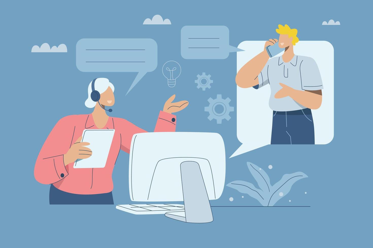 Customer Support and Services, Consultant or suggestions, Hotline, Customers ask for advice, A female officer uses wireless headphones to answer calls and provide advice to customers online. vector