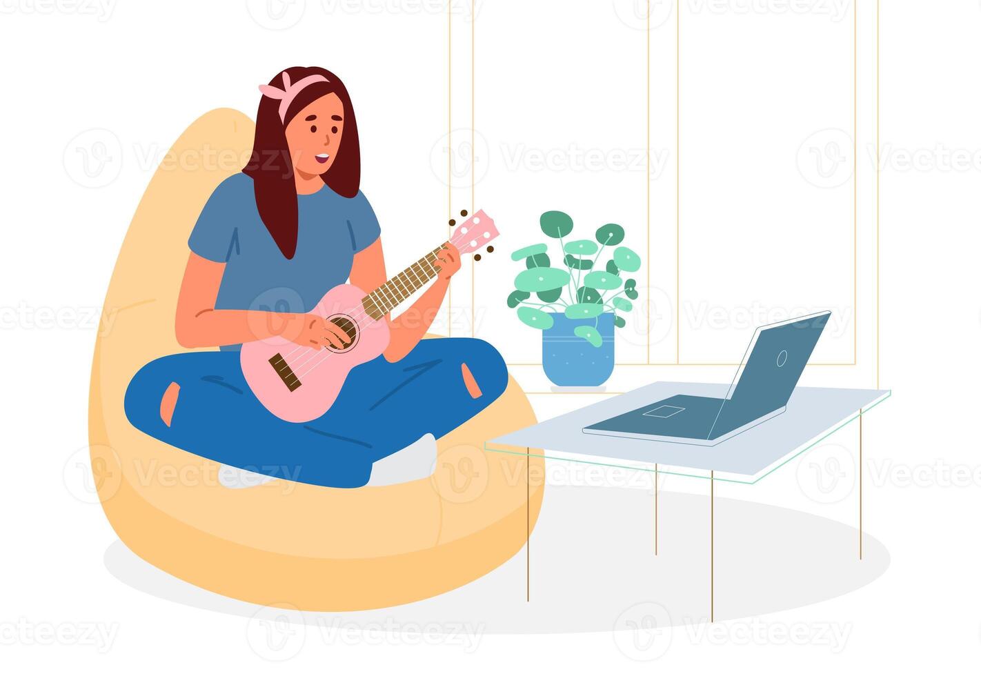 Cute Teenage Girl Sitting In Bean Bag Chair With Lags Crossed Learning To Play Ukulele Online. Young Woman Singing And Playing Ukulele. photo