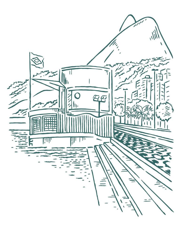 Hand-drawn illustration with free and simple lines of a landscape of the coast of Rio de Janeiro, Brazil. vector