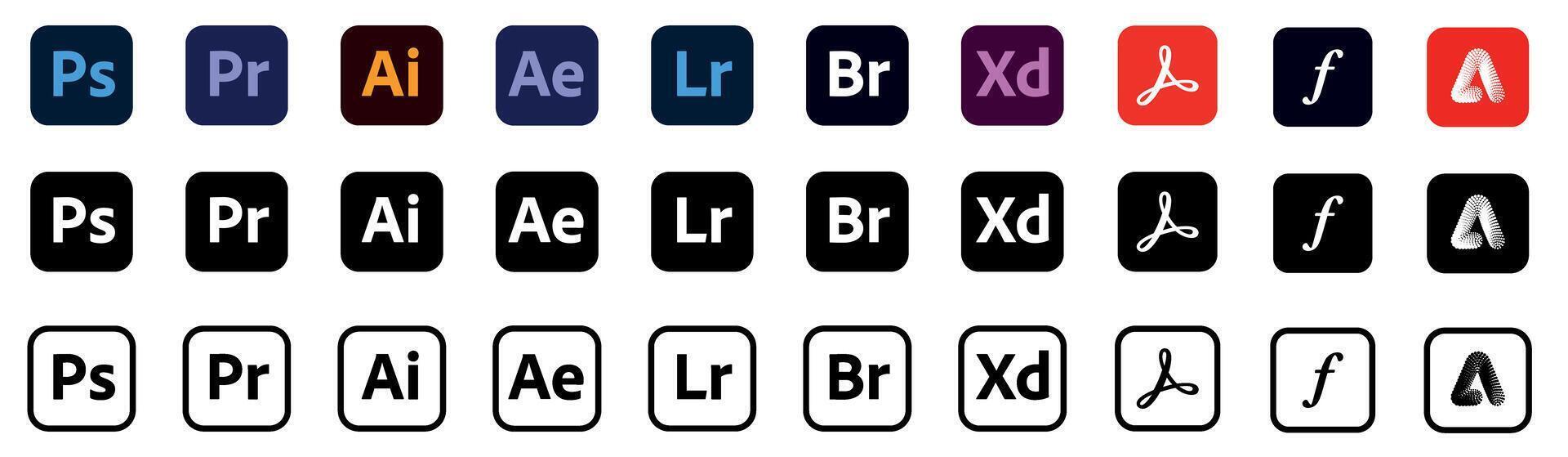 Adobe product logotype icon set. Photoshop, Illustrator, Premier, After Effects, Creative Cloud. Collection button vector