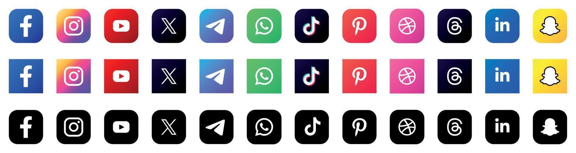 Latest social media icons set. Social network symbols. Instagram, Facebook, WhatsApp, YouTube, Telegram, TikTok, Pinterest, LinkedIn, Snapchat, Threads vector