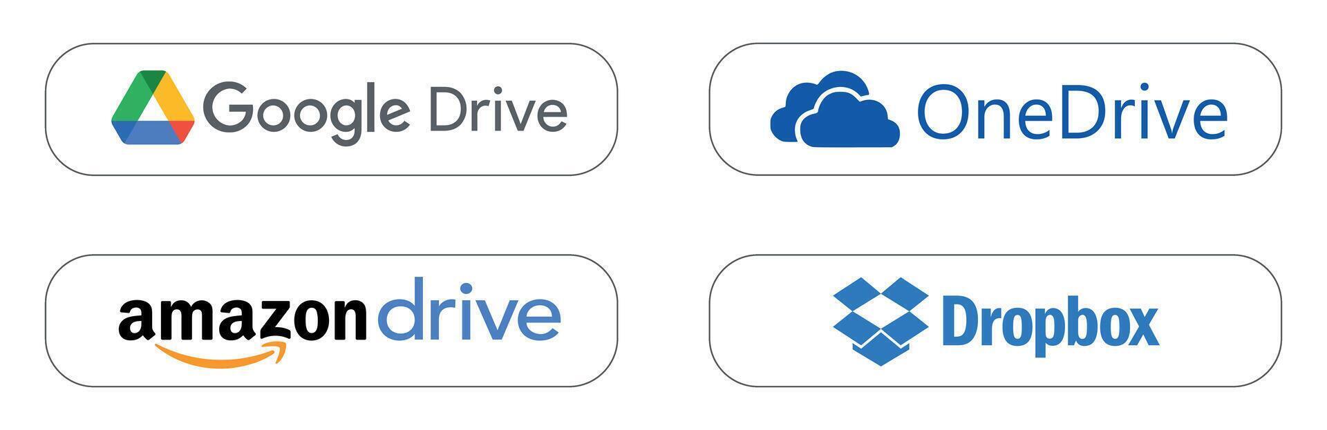 Popular cloud storage service logo set. Google drive, Dropbox, OneDrive, Amazon Drive vector