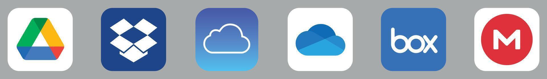 Popular cloud storage service logo set. Google drive, Dropbox, OneDrive, Mega, Box vector
