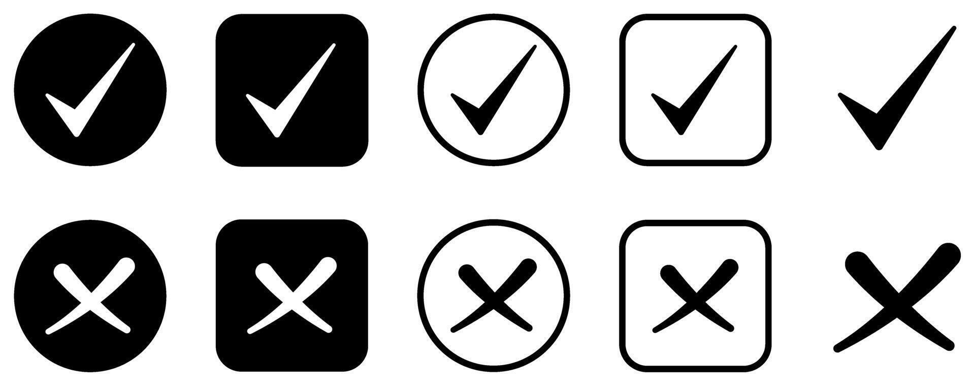 Set of black check marks and cross mark. Check box icon with yes or no checkmark icons. Circle and square vector