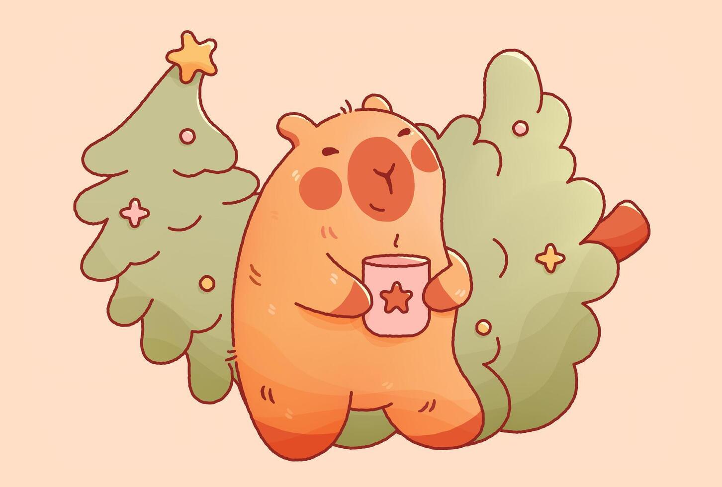 Kawaii Christmas capybara with New Year Tree star toy and hot drink. vector