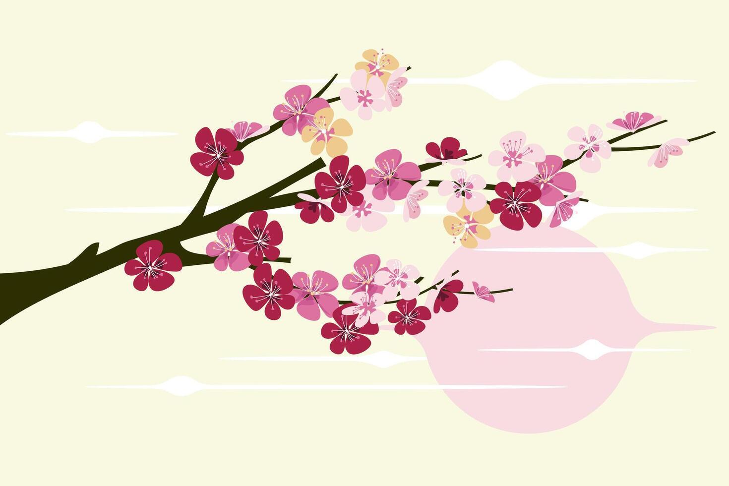 Sakura branch in springtime with falling petals and cherry blosssom vector