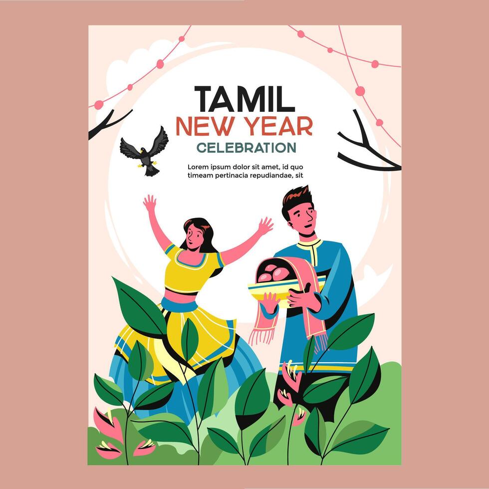 Tamil New Year Flyer with Couple Traditional Folk Dancer vector