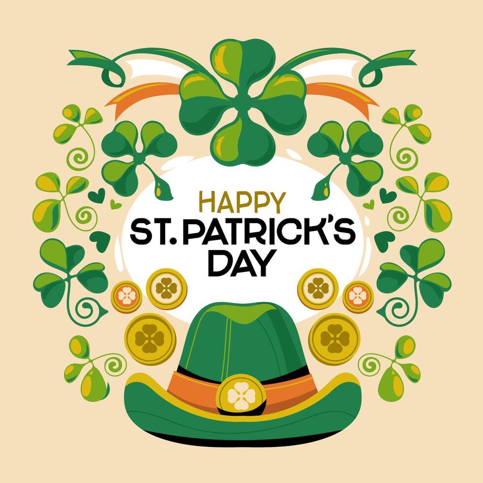 Happy St Patricks Day handwriting with wreath clover background illustration vector
