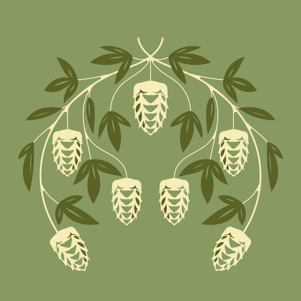 botanical drawing of green hop sprig with flower buds and leaves vector