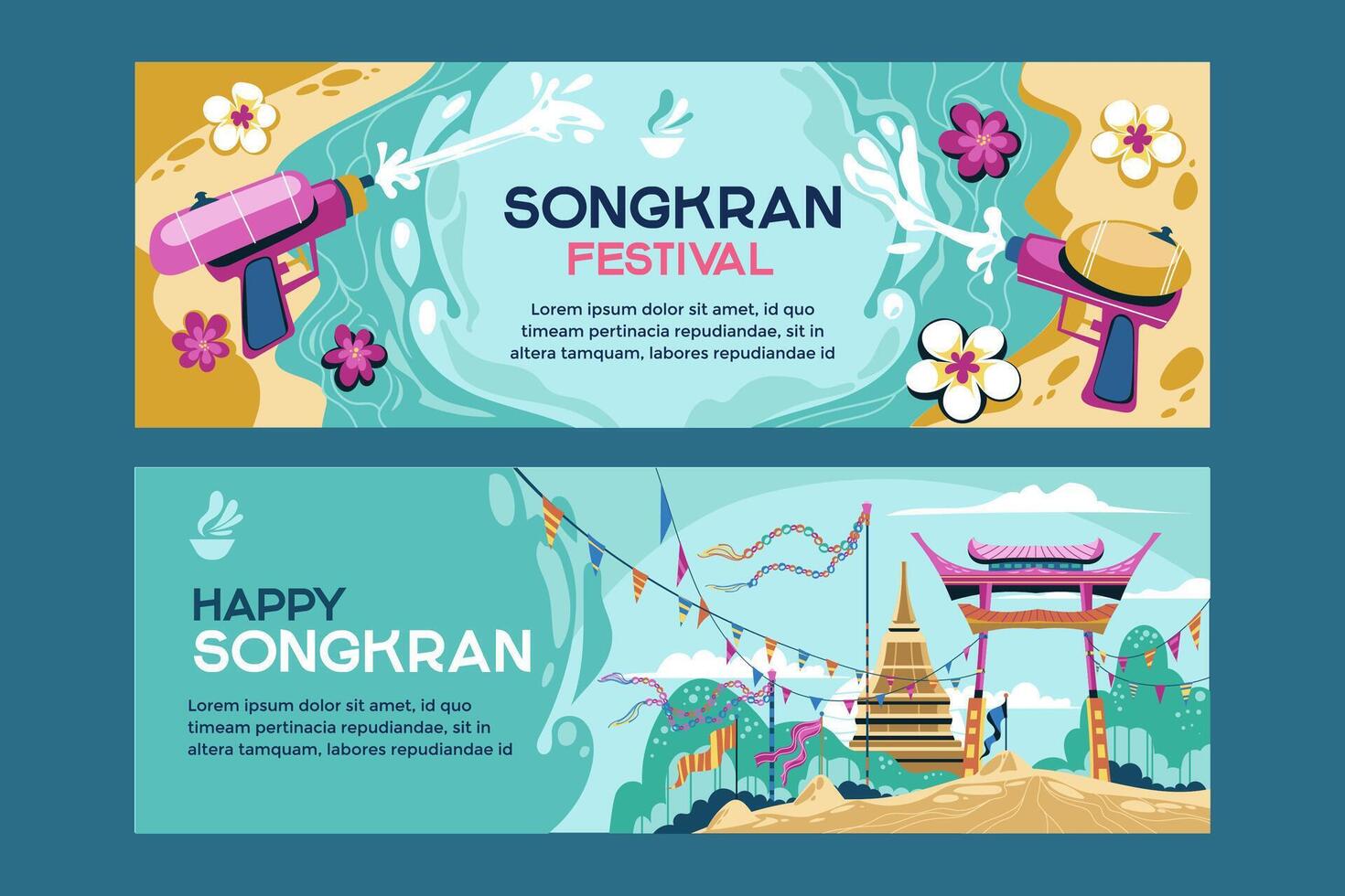 Songkran Festival Banner with water gun and temple background mean Thailand Traditional New Year's Day vector