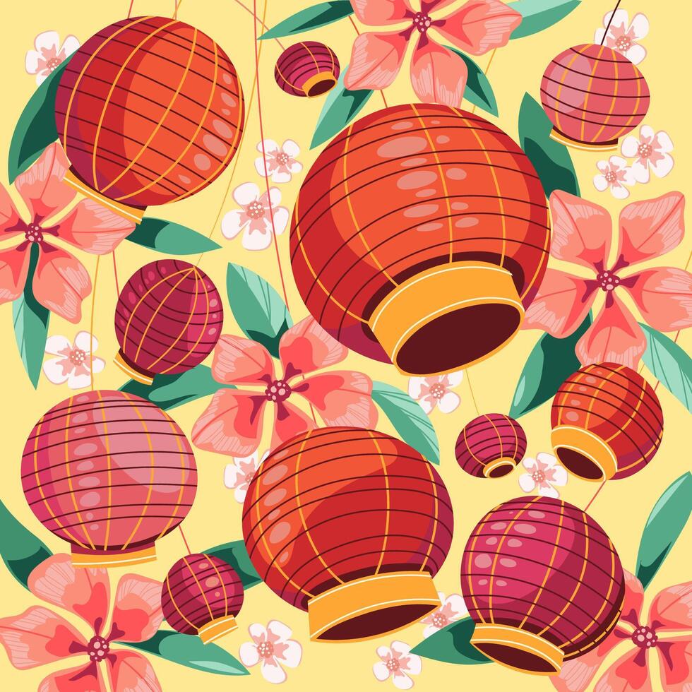 The lantern festival with cherry blossom flowers on colorful lanterns vector