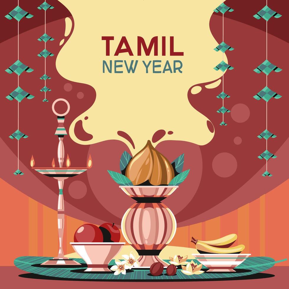 Happy Tamil New Year Greetings with lamp sculpture vector