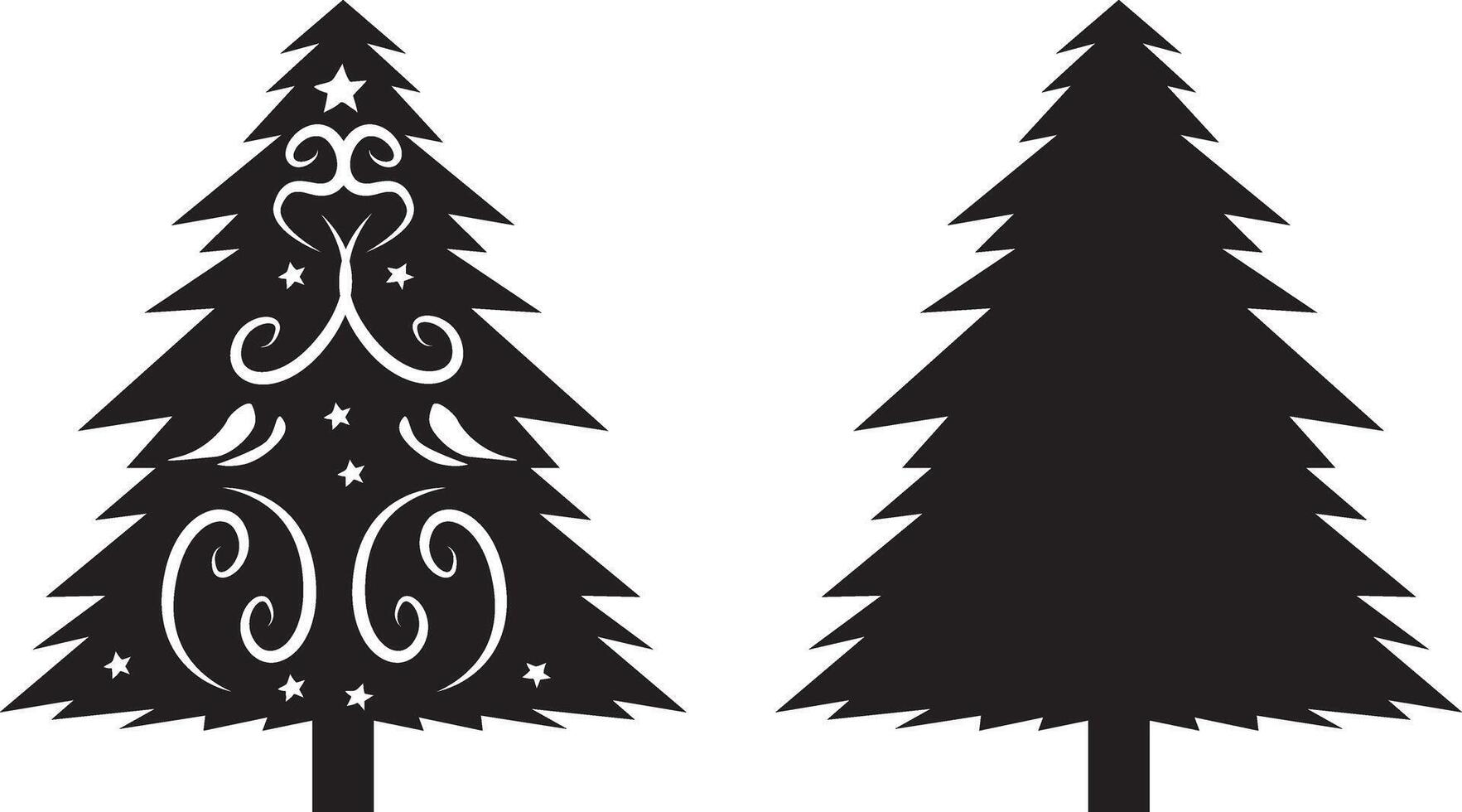 Two black and white christmas trees with stars on them vector