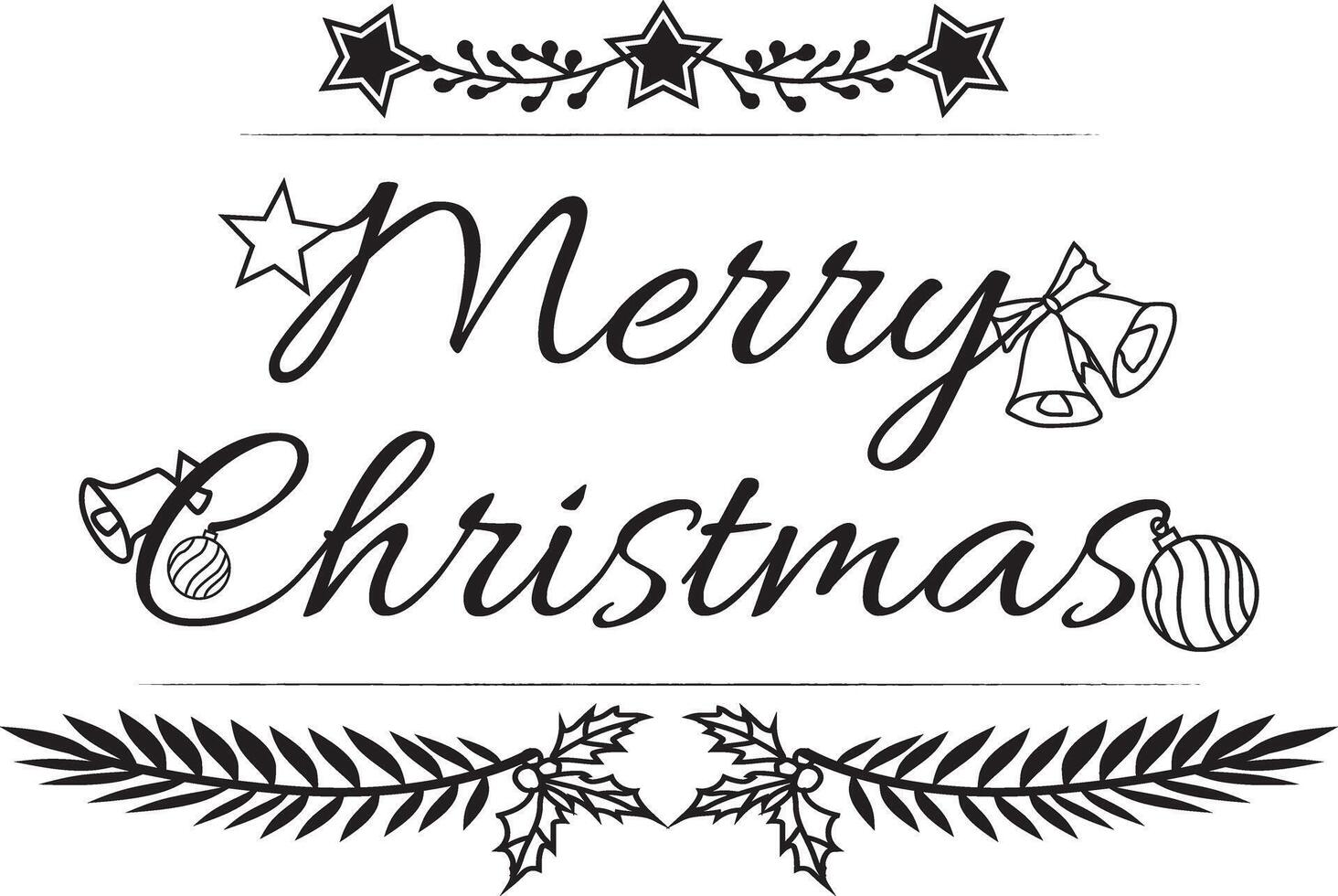 Merry Christmas text, lettering and typography graphics combined with decorations vector