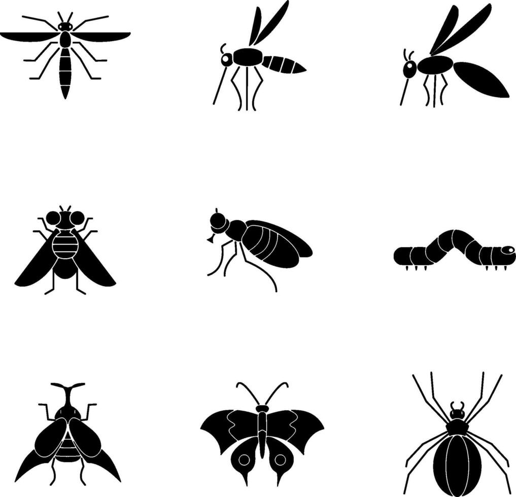 a collection of insect icons consisting of butterflies, flies, bees, mosquitoes, spiders, caterpillar, beetle, and cocoons vector