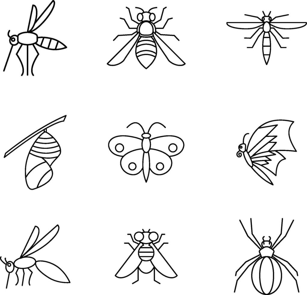 a collection of insect icons consisting of butterflies, flies, bees, mosquitoes, spiders, caterpillar, and cocoons vector