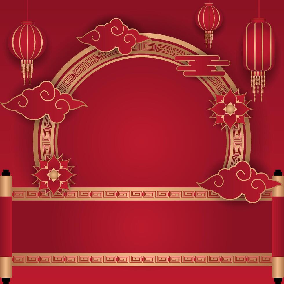 chinese new year background with scroll and lanterns vector