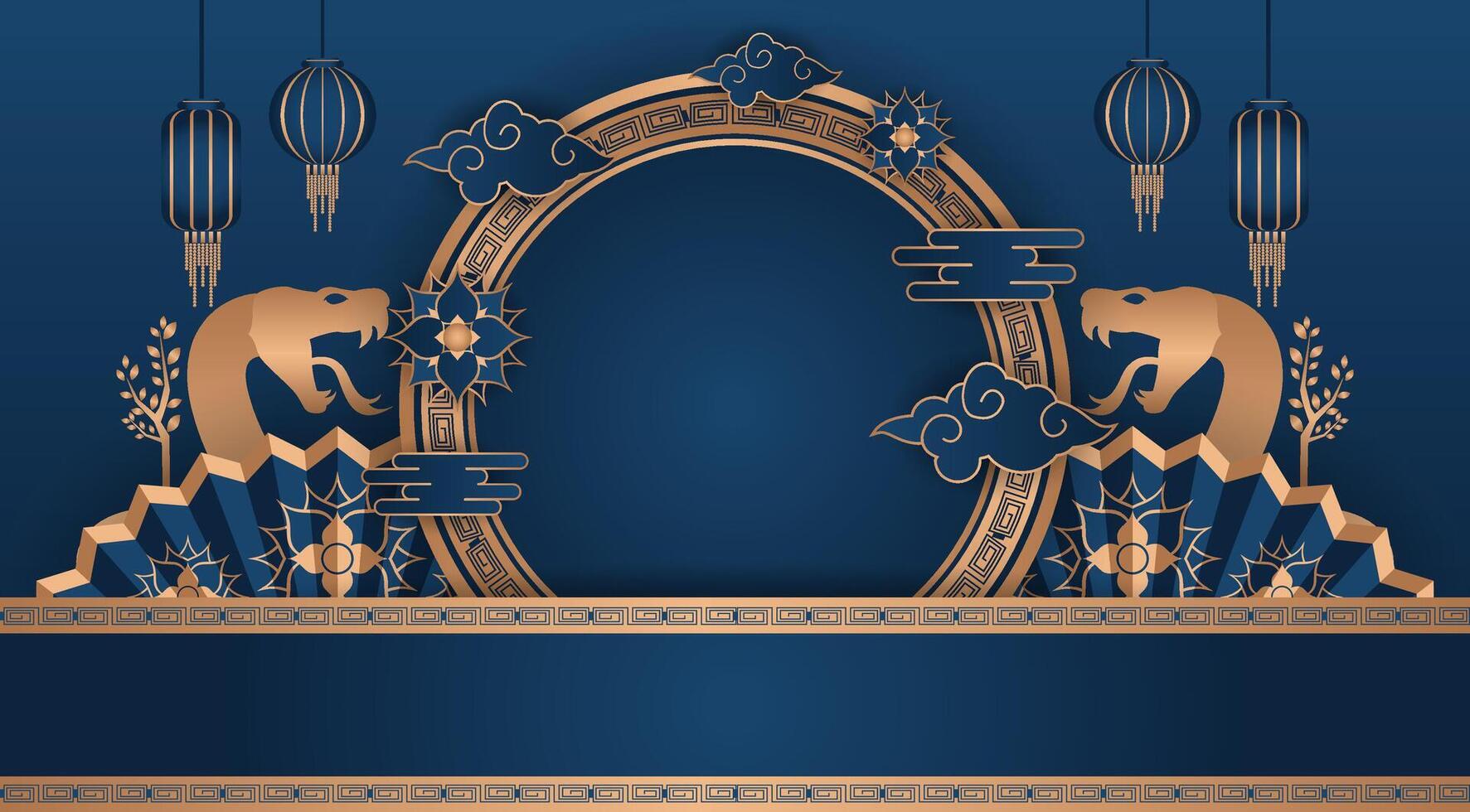 chinese new year greeting card with golden frame and oriental decorations vector