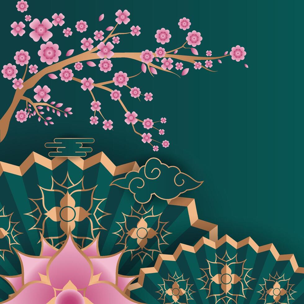 chinese new year background with fan and tree vector