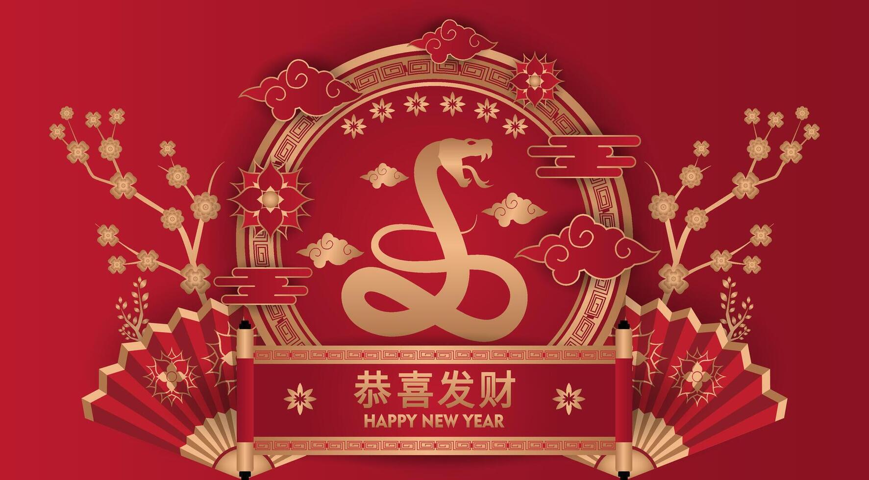 chinese new year greeting with snake and fan vector