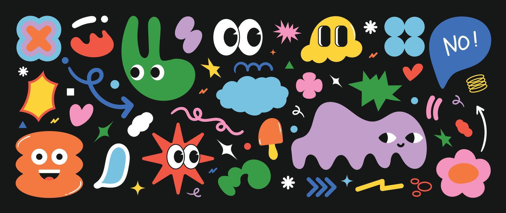 Set of funky groovy element. Collection of cartoon characters, cute doodle dawn, sparkle, cloud, ice cream, speech bubble, face. Retro hippie design for decorative, sticker, toys and kids. vector