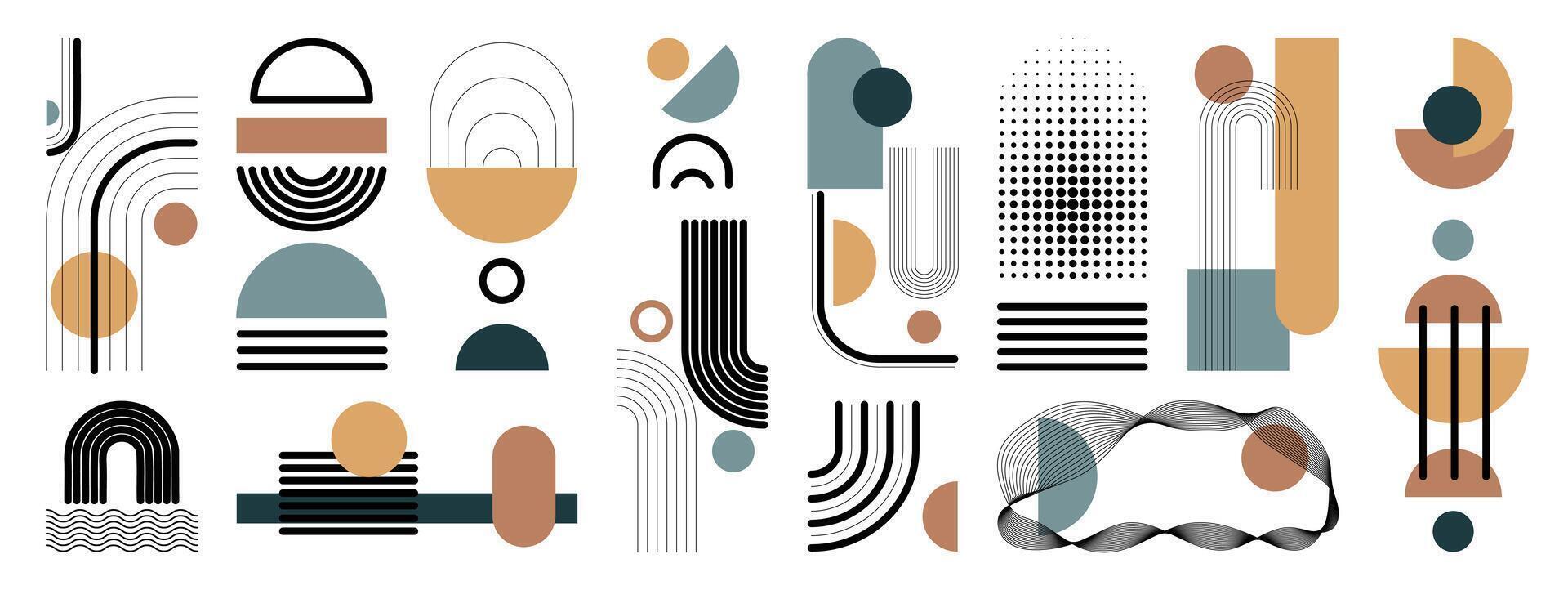 Hand drawn abstract minimal element mid century set. Aesthetic contemporary stripe line art, geometric shape in multicolor. Art form design for wall art, decoration, wallpaper. vector