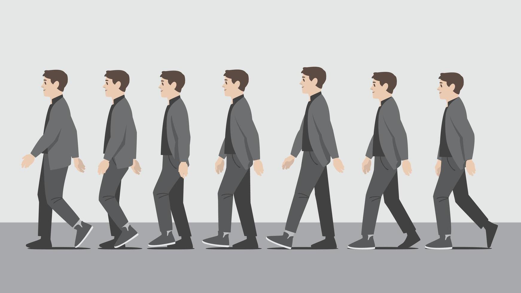 a sequence motion series of man walking with both hands waving in an animated line. vector
